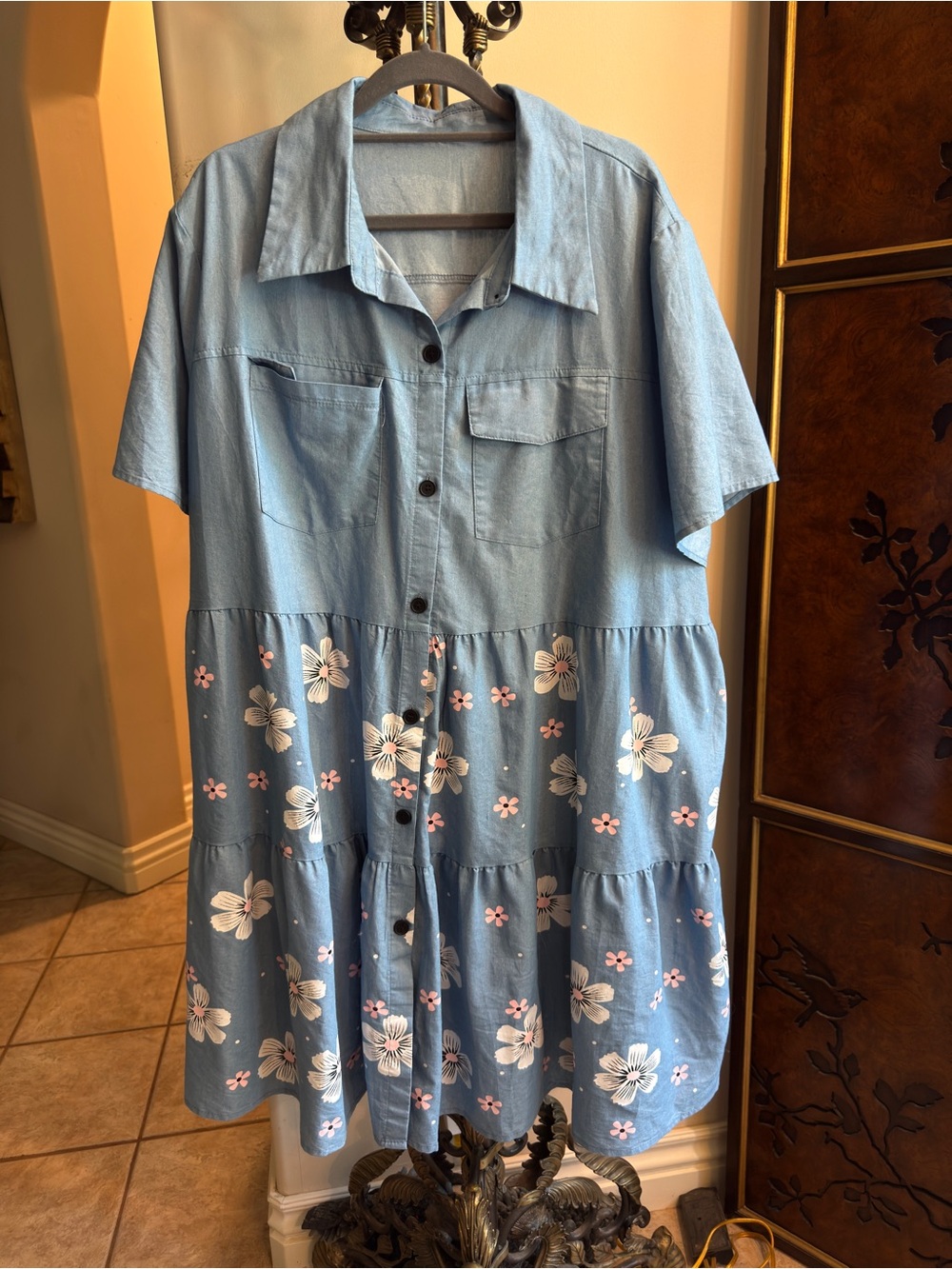 Light Blue Floral Button-Front Chambray Dress